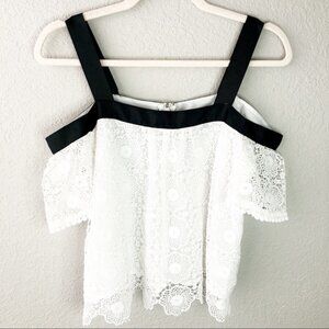 Topshop Grosgrain Lace Cold Shoulder Top Size 2 White Black Lined Floral Girly